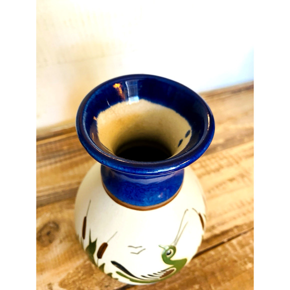 Vintage Hand Painted Stoneware Tonala Mexican Folk Pottery Vase Bird Cattails - Picture 3 of 9